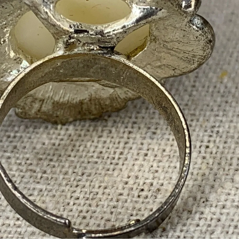 Vintage Adjustable Cocktail Ring Silver Faux Pearl Rhinestones